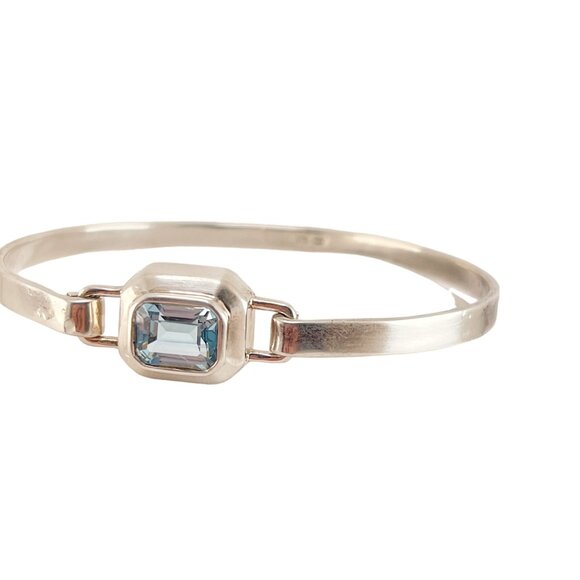 Blue Topaz Faceted, Rectangular Stone, Bezel Set Sterling Cuff Bracelet - Picture 3 of 11